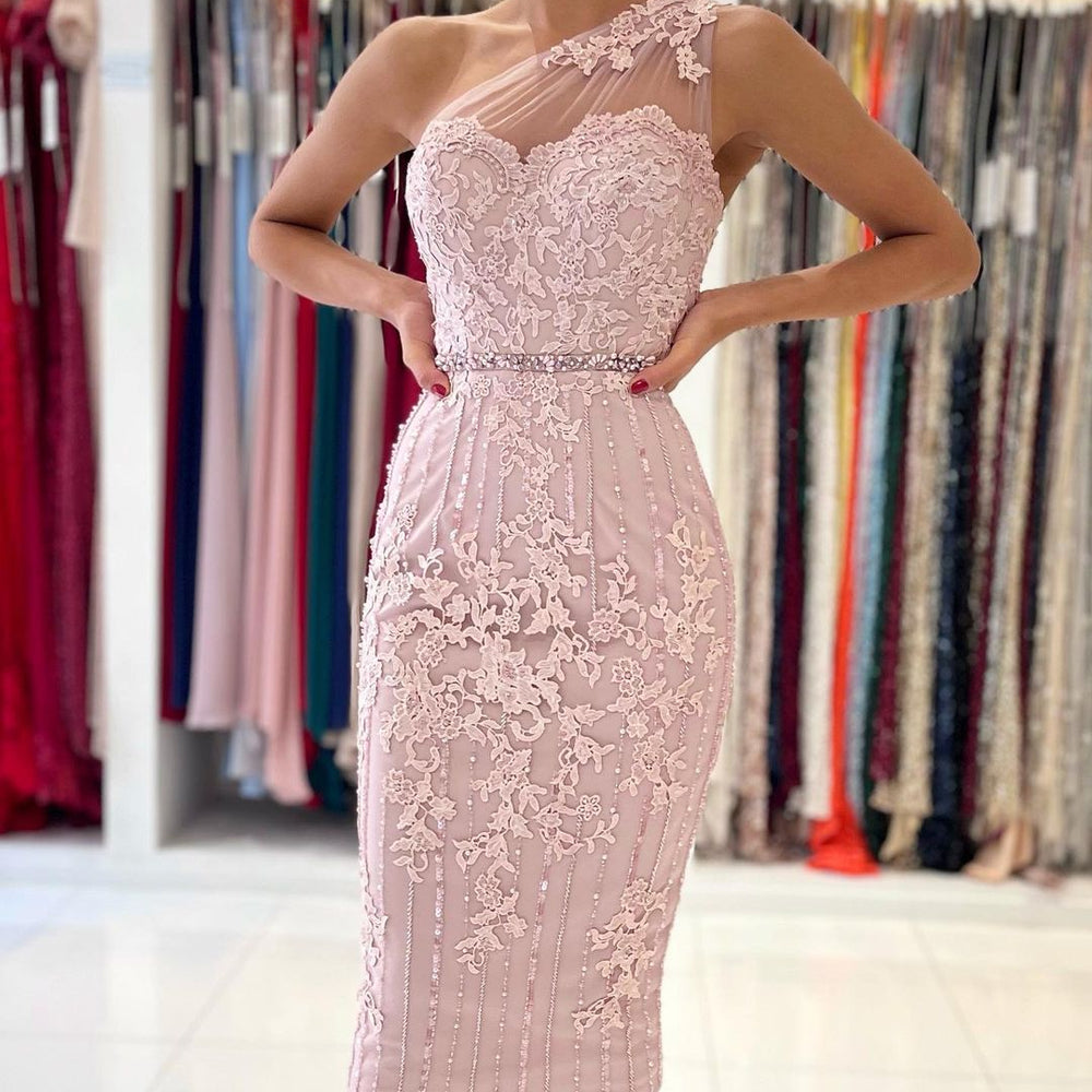 Simple Mermaid One Shoulder Floral Lace Short Formal Party Dress BIZTUNNEL Simple Mermaid One Shoulder Floral Lace Short Formal Party Dress BIZTUNNEL