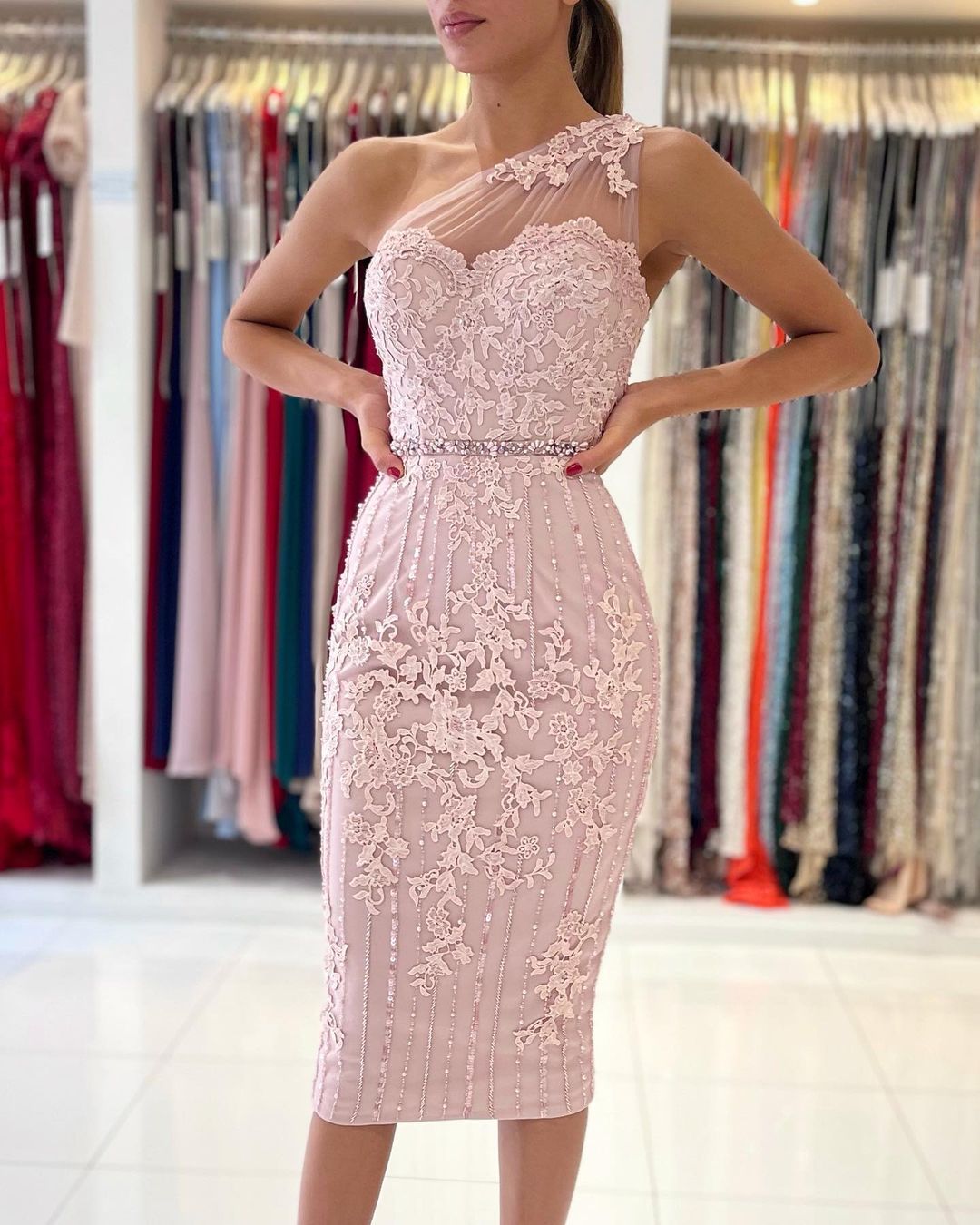 Simple Mermaid One Shoulder Floral Lace Short Formal Party Dress Simple Mermaid One Shoulder Floral Lace Short Formal Party Dress