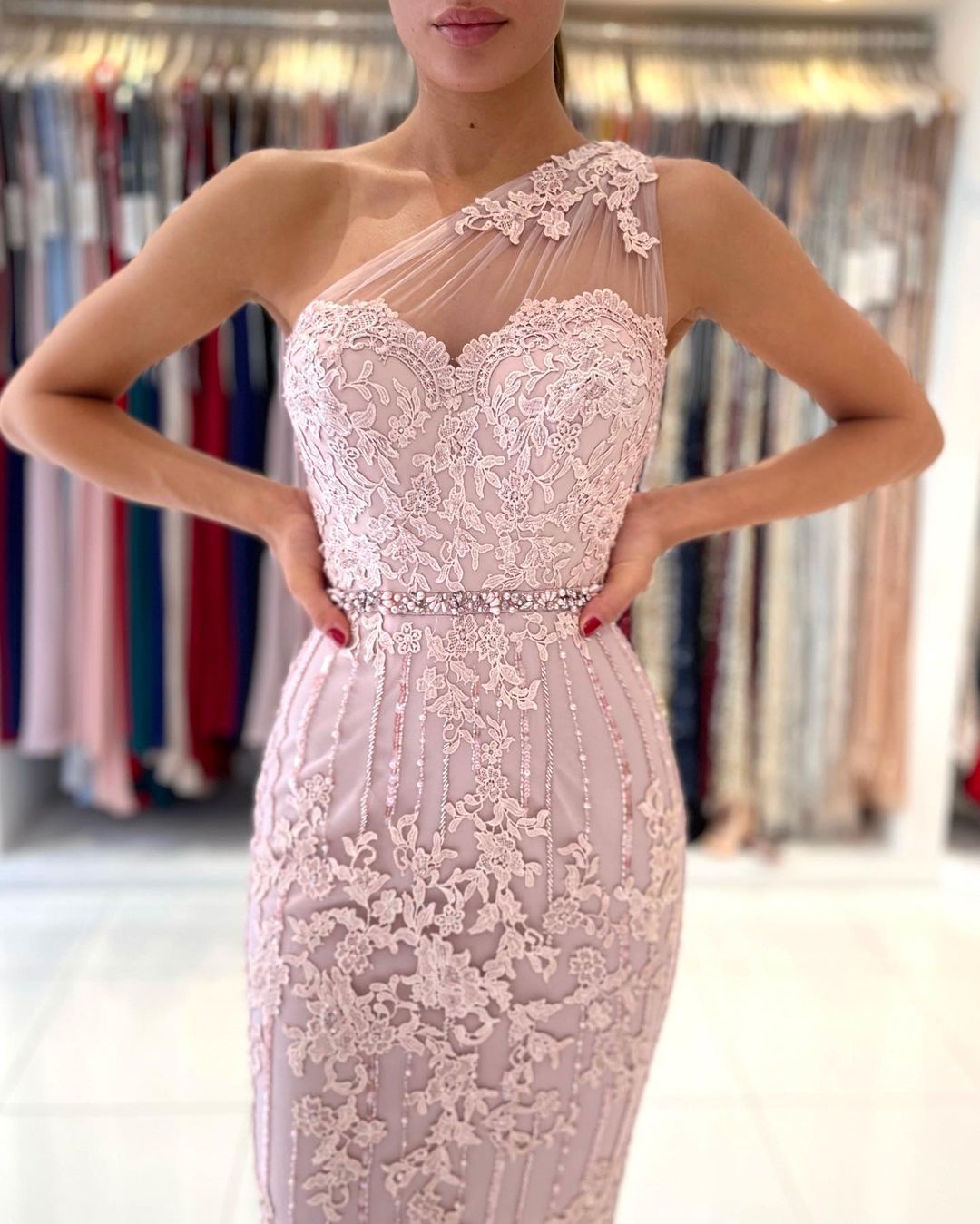 Simple Mermaid One Shoulder Floral Lace Short Formal Party Dress Simple Mermaid One Shoulder Floral Lace Short Formal Party Dress