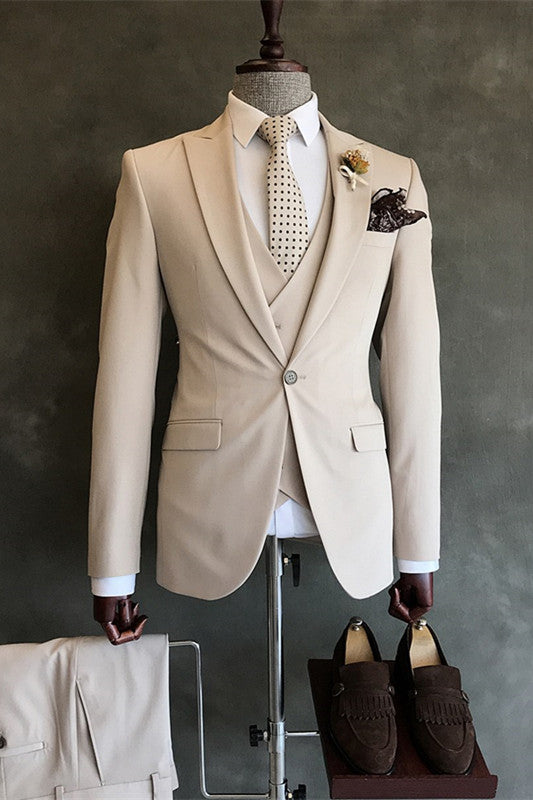 Geoffrey Simple Off White Peaked Lapel Three Pieces Men Suits For Prom