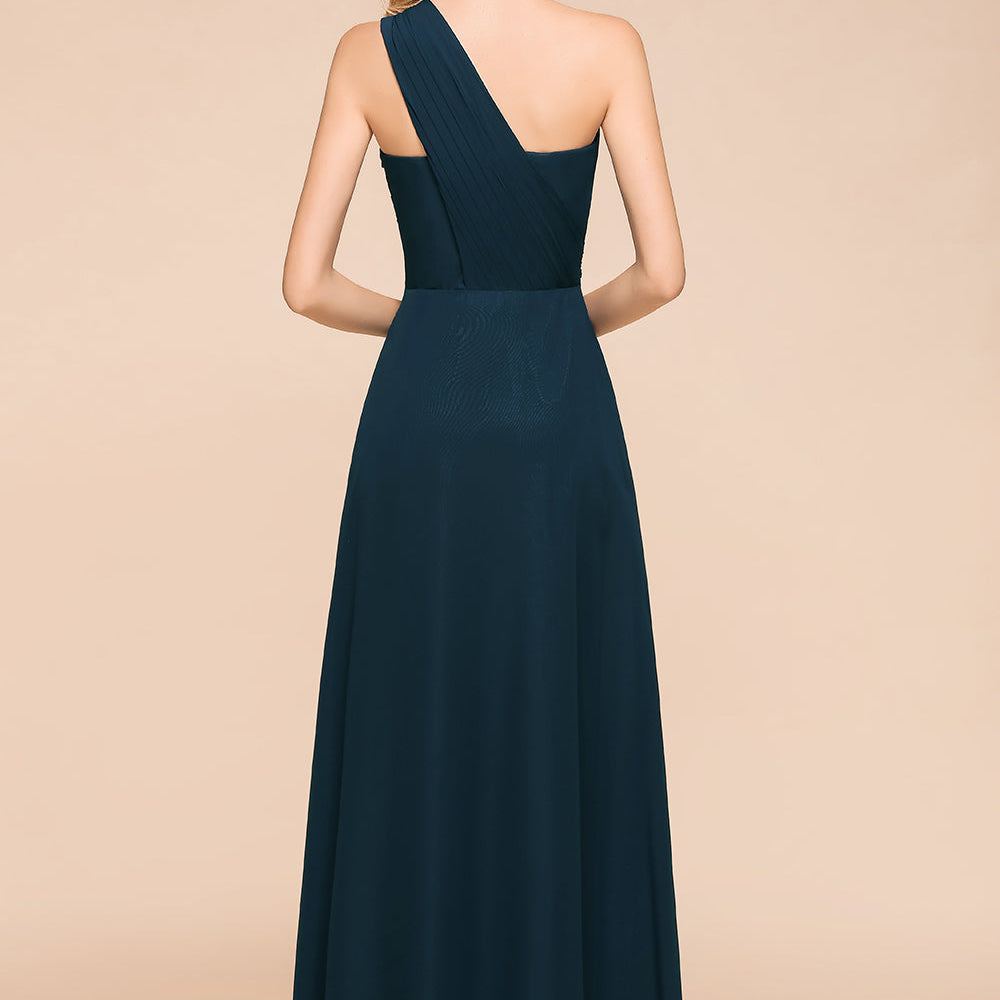 Simple One Shoulder A-line Long Chiffon Bridesmaid Dress With Ruched BIZTUNNEL Simple One Shoulder A-line Long Chiffon Bridesmaid Dress With Ruched BIZTUNNEL