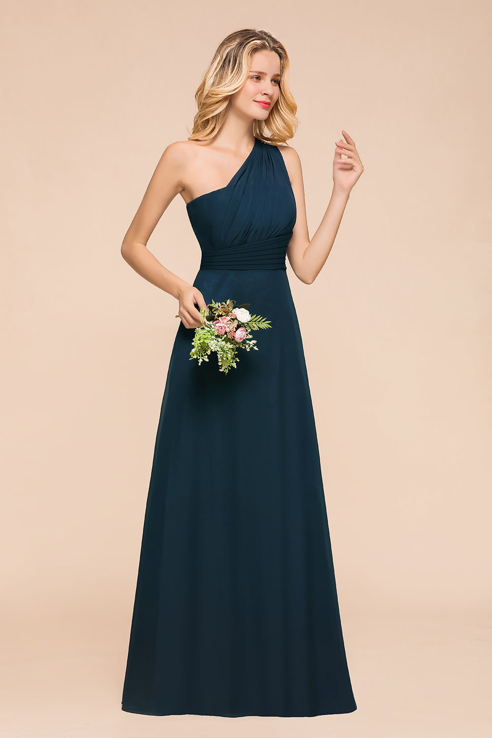 Simple One Shoulder A-line Long Chiffon Bridesmaid Dress With Ruched-BIZTUNNEL