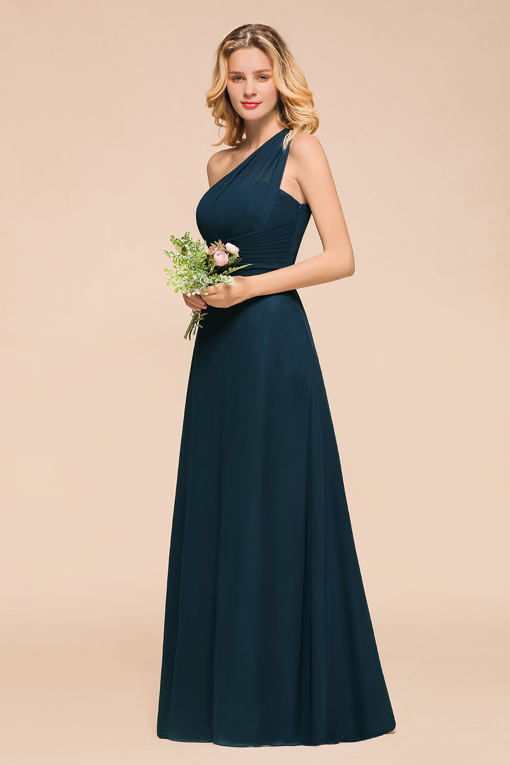 Simple One Shoulder A-line Long Chiffon Bridesmaid Dress With Ruched Simple One Shoulder A-line Long Chiffon Bridesmaid Dress With Ruched