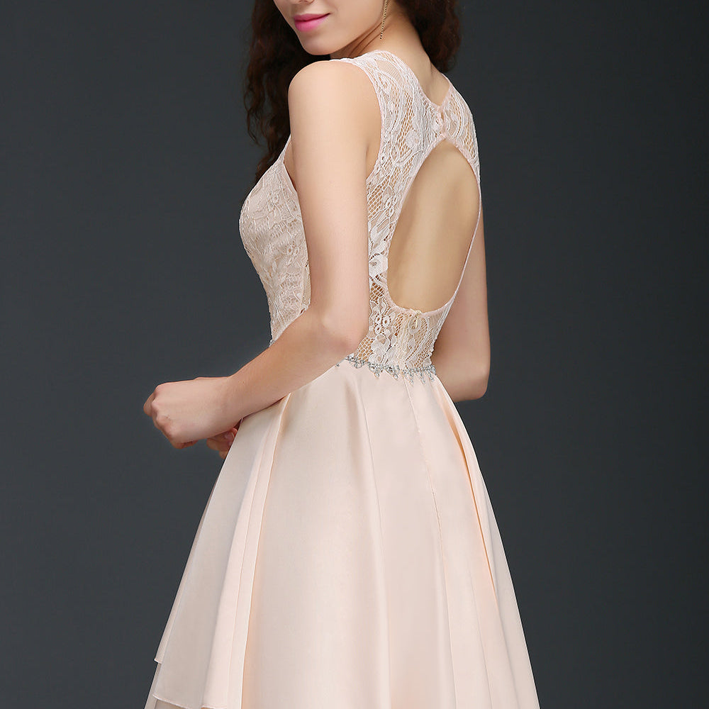 Simple Pink Lace Beads Open Back Short Bridesmaid Dresses Simple Pink Lace Beads Open Back Short Bridesmaid Dresses