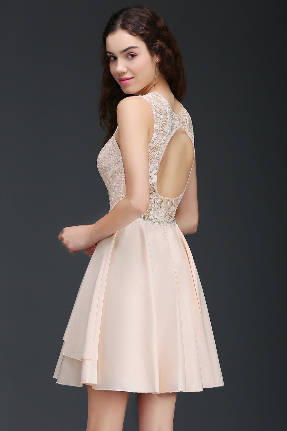 Simple Pink Lace Beads Open Back Short Bridesmaid Dresses-BIZTUNNEL