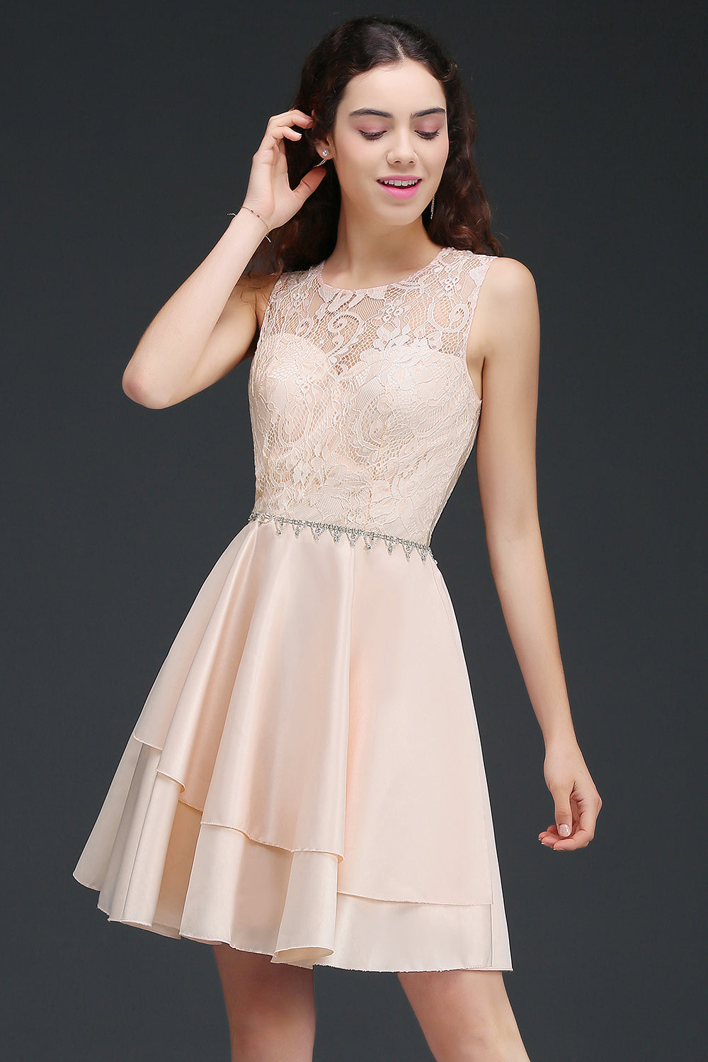 Load image into Gallery viewer, Simple Pink Lace Beads Open Back Short Bridesmaid Dresses-BIZTUNNEL

