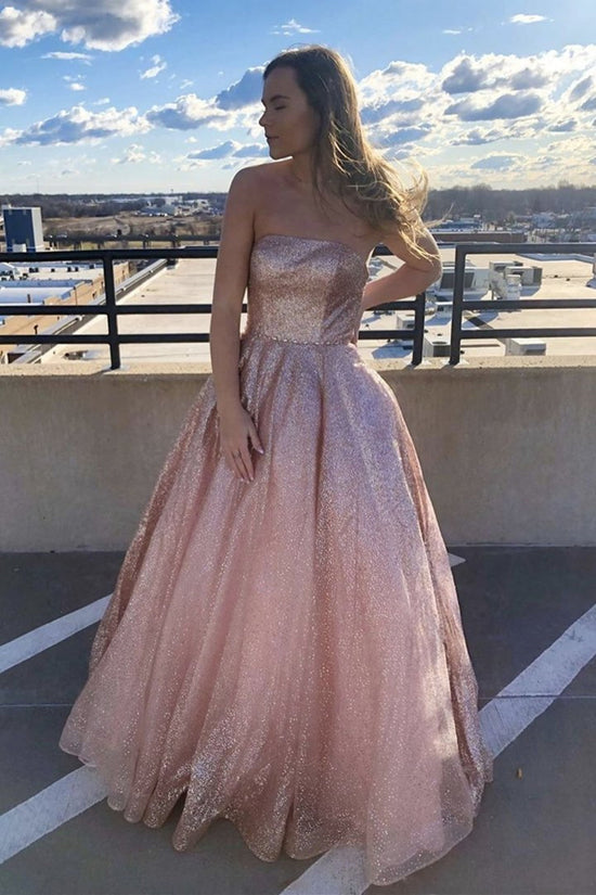 Simple Pink Long A-line Strapless Glitter Tulle Formal Prom Dresses-BIZTUNNEL