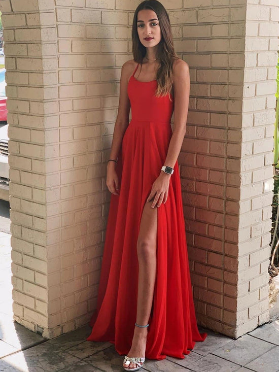 Simple Red A Line Backless Chiffon Long Prom Dresses with Leg Slit-BIZTUNNEL