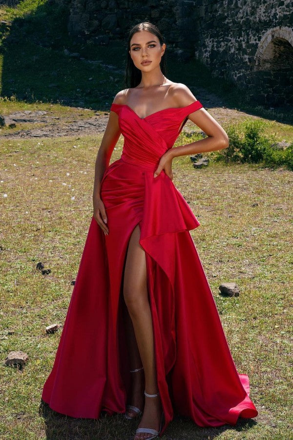 Simple Red A-line Off-the-shoulder Long Prom dress with Slit-BIZTUNNEL