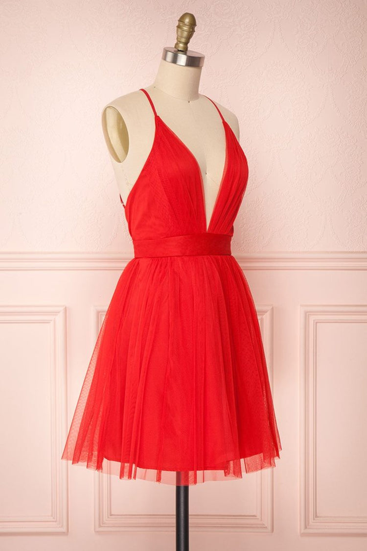 Simple Red A-line V Neck Backless Tulle Short Homecoming Prom Dresses-BIZTUNNEL