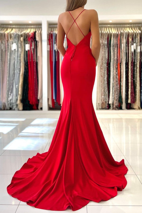 Simple Red Long Mermaid V-neck Open Back Prom Dresses Simple Red Long Mermaid V-neck Open Back Prom Dresses