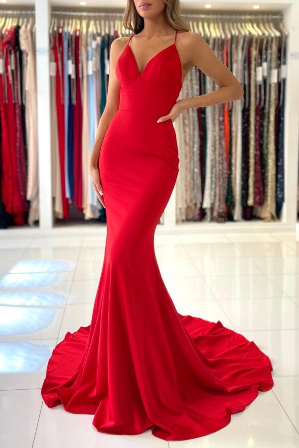 Cargar imagen en el visor de la Galería, Simple Red Long Mermaid V-neck Open Back Prom Dresses-BIZTUNNEL
