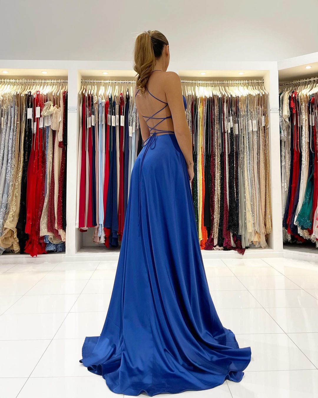 Simple Royal Blue A-line V-neck Backless Long Prom Dress with Slit-BIZTUNNEL