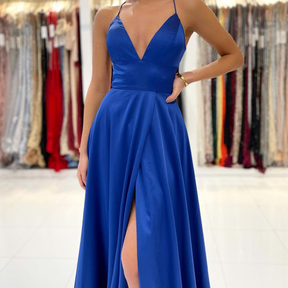 Simple Royal Blue A-Line V-Neck Backless Long Prom Dress with Slit Simple Royal Blue A-Line V-Neck Backless Long Prom Dress with Slit