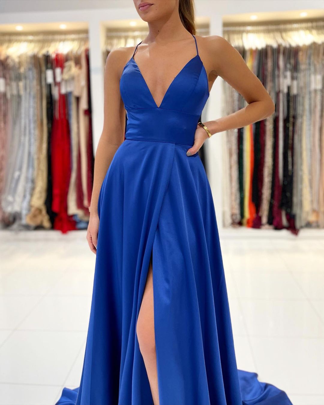 Load image into Gallery viewer, Simple Royal Blue A-line V-neck Backless Long Prom Dress with Slit-BIZTUNNEL
