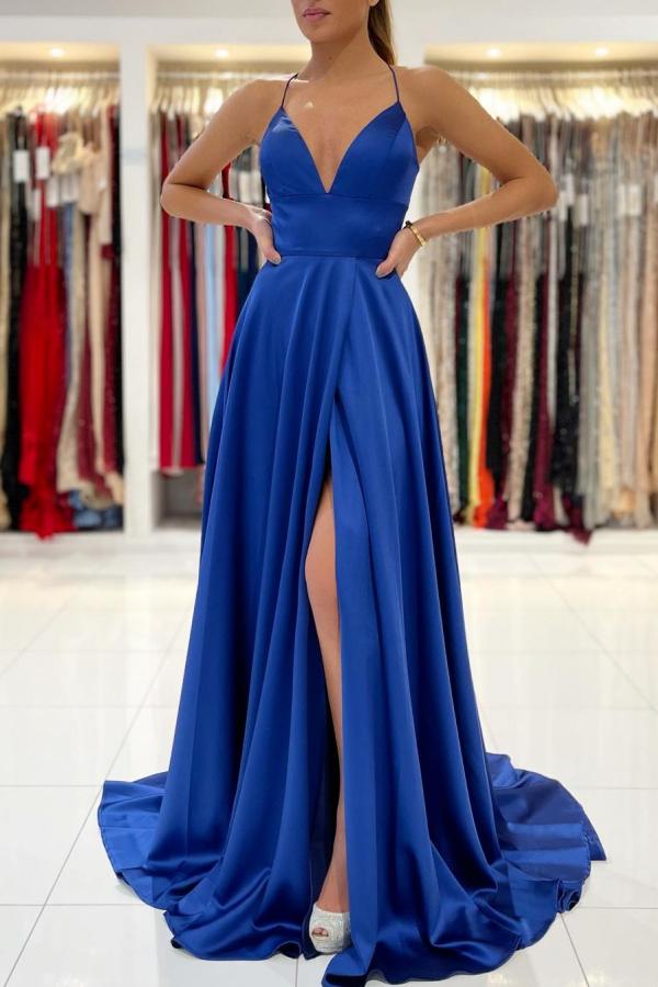 Load image into Gallery viewer, Simple Royal Blue A-line V-neck Backless Long Prom Dress with Slit-BIZTUNNEL
