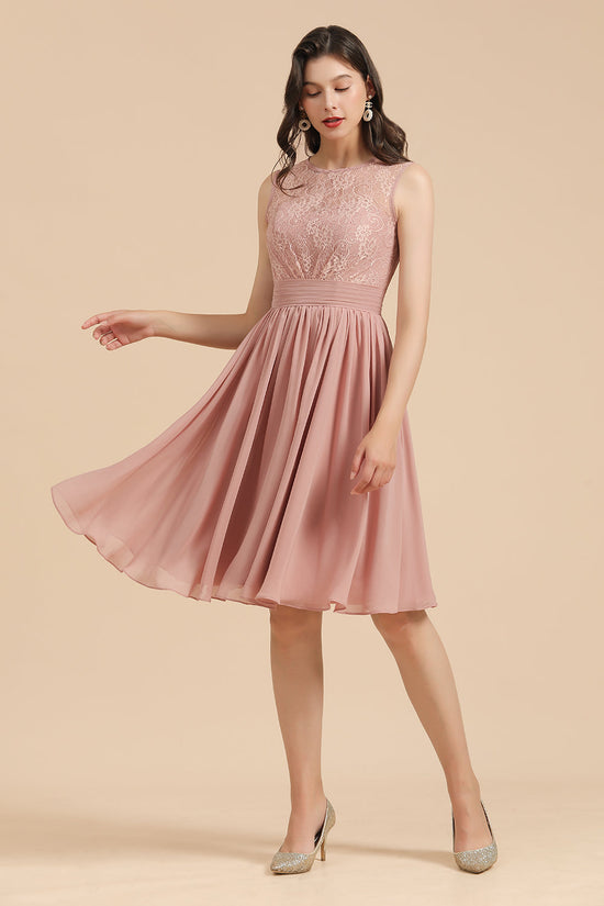 Simple Short A-line Lace Straps Chiffon Bridesmaid Dress-BIZTUNNEL