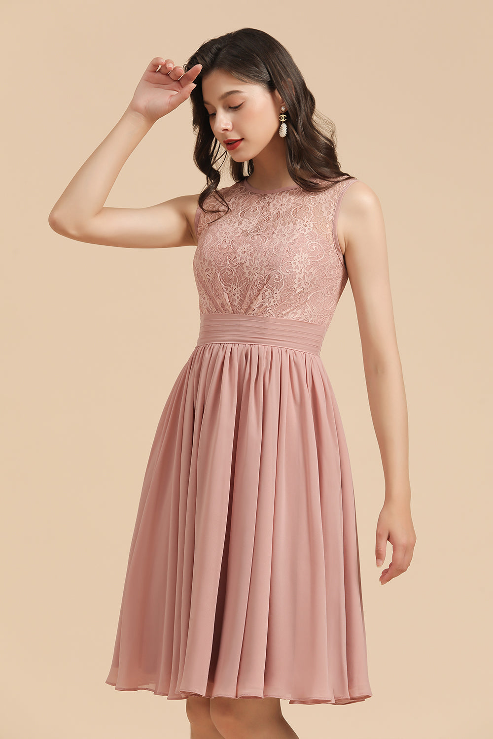Simple Short A-line Lace Straps Chiffon Bridesmaid Dress-BIZTUNNEL
