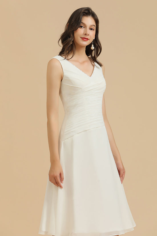 Simple Short A-line Straps Ruffles White Bridesmaid Dress-BIZTUNNEL