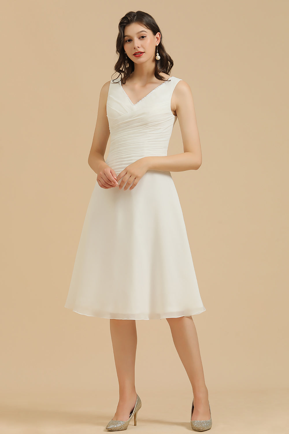 Simple Short A-line Straps Ruffles White Bridesmaid Dress-BIZTUNNEL