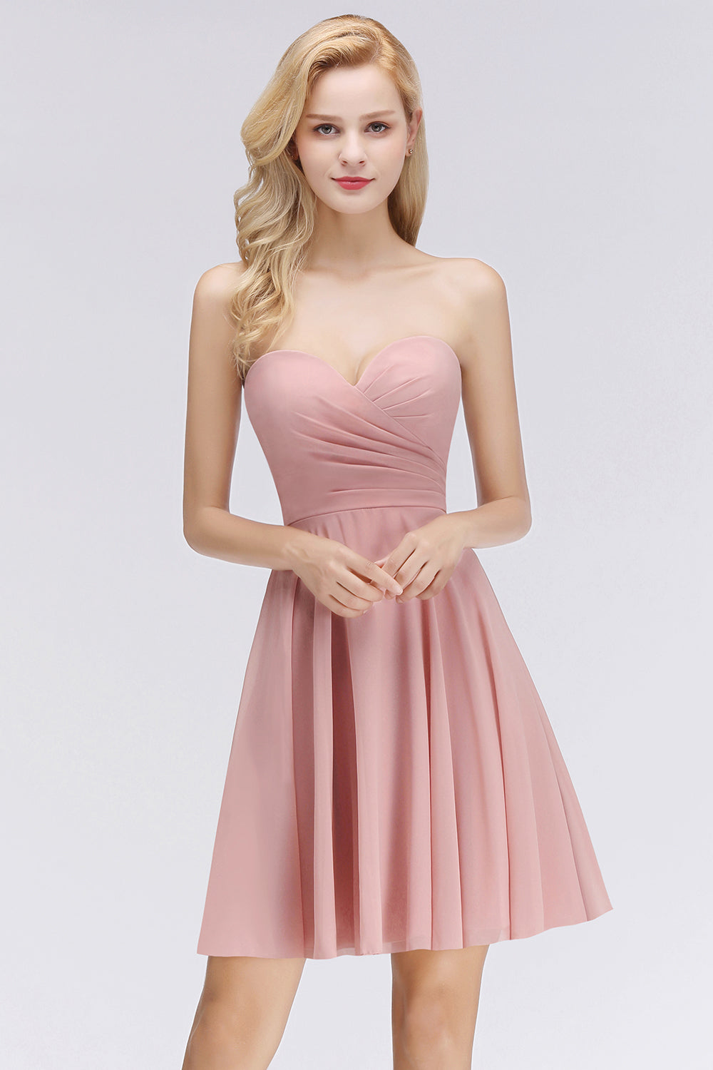 Simple Short A-line Sweetheart Pink Bridesmaid Dress-BIZTUNNEL