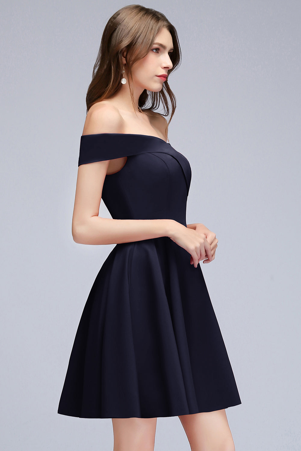 Simple Short Off the Shoulder Satin Dark Navy Bridesmaid Dress-BIZTUNNEL