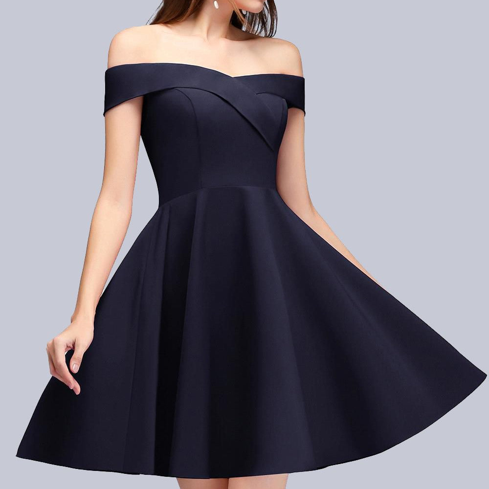 Simple Short Off the Shoulder Satin Dark Navy Bridesmaid Dress Simple Short Off the Shoulder Satin Dark Navy Bridesmaid Dress