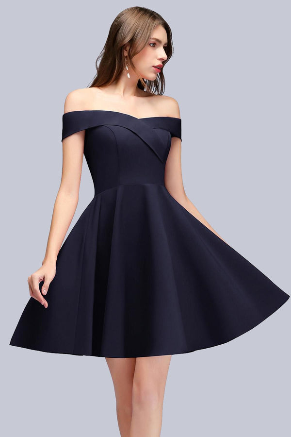 Simple Short Off the Shoulder Satin Dark Navy Bridesmaid Dress-BIZTUNNEL