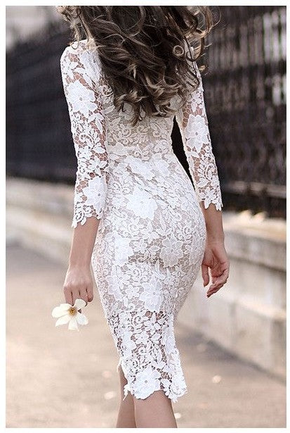 Simple Short Sheath Lace Prom Dresses with Sleeves-BIZTUNNEL