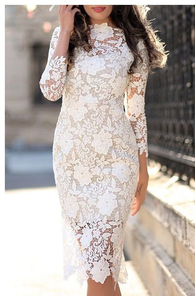 Simple Short Sheath Lace Prom Dresses with Sleeves-BIZTUNNEL
