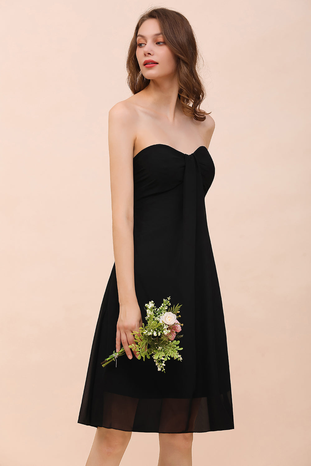 Simple Short Strapless A-line Chiffon Backless Black Bridesmaid Dress ...
