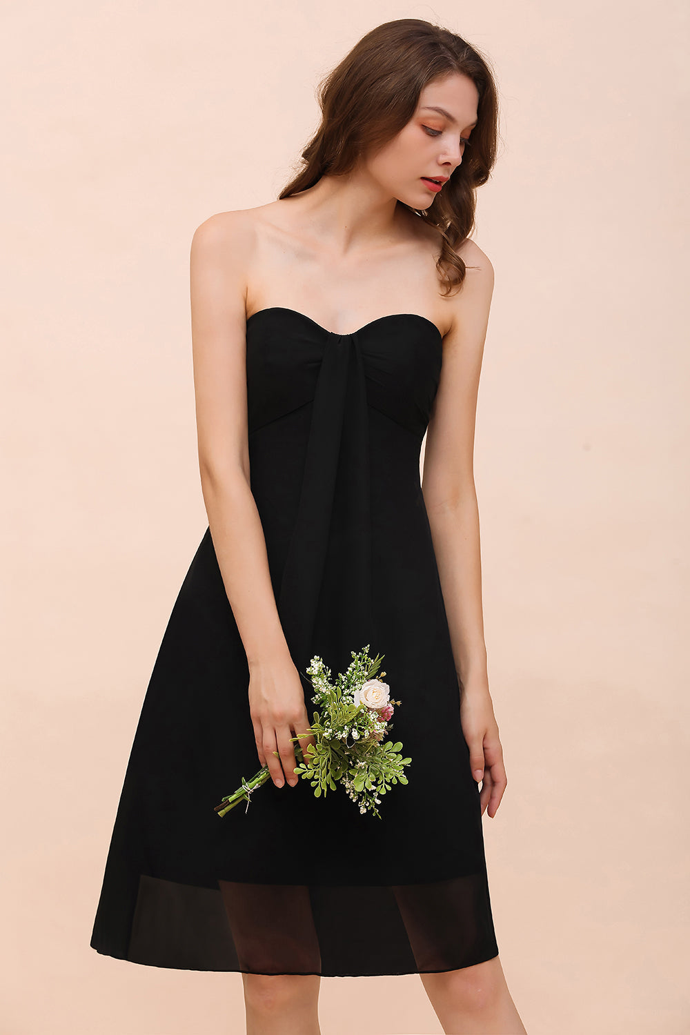 Simple Short Strapless A-line Chiffon Backless Black Bridesmaid Dress