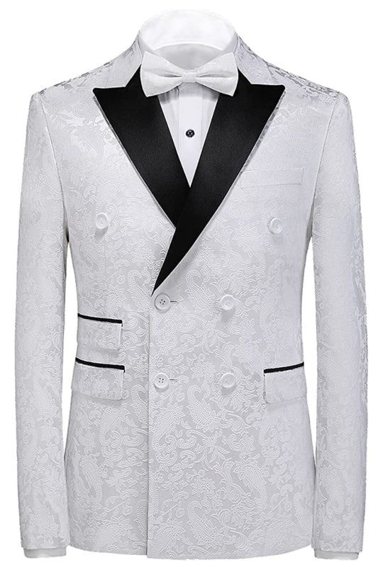Jordan Simple White Jacquard Double Breasted Three Pieces Prom Suits