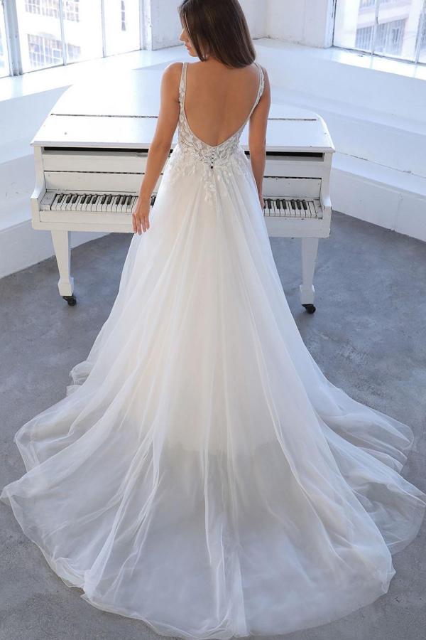 Simple White Long A-line V-neck Tulle Lace Backless Wedding Dress-BIZTUNNEL