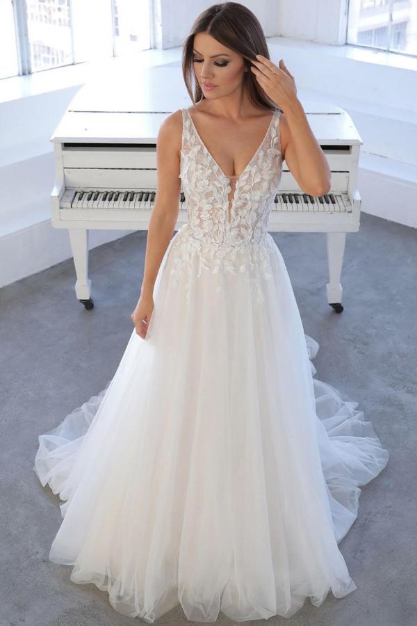 Simple White Long A-line V-neck Tulle Lace Backless Wedding Dress-BIZTUNNEL