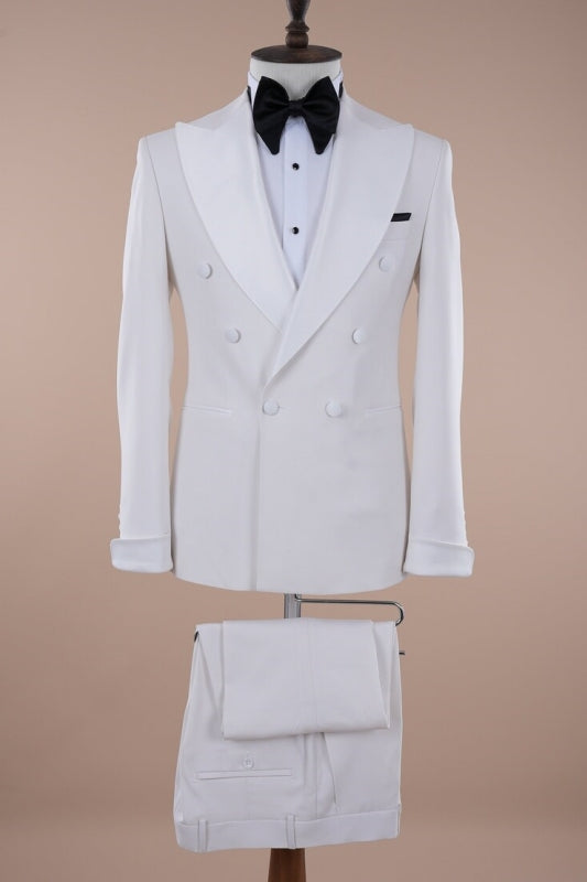 Avery Simple White Peaked Lapel Double Breasted Prom Suits