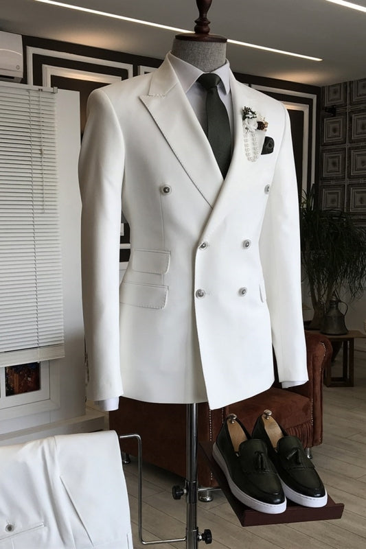 Aiden Chris Simple White Peaked Lapel Double Breasted Prom Suits