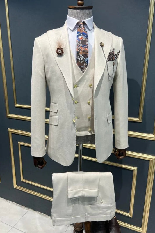 Ron Simple White Peaked Lapel Three Pieces Prom Suits For Men
