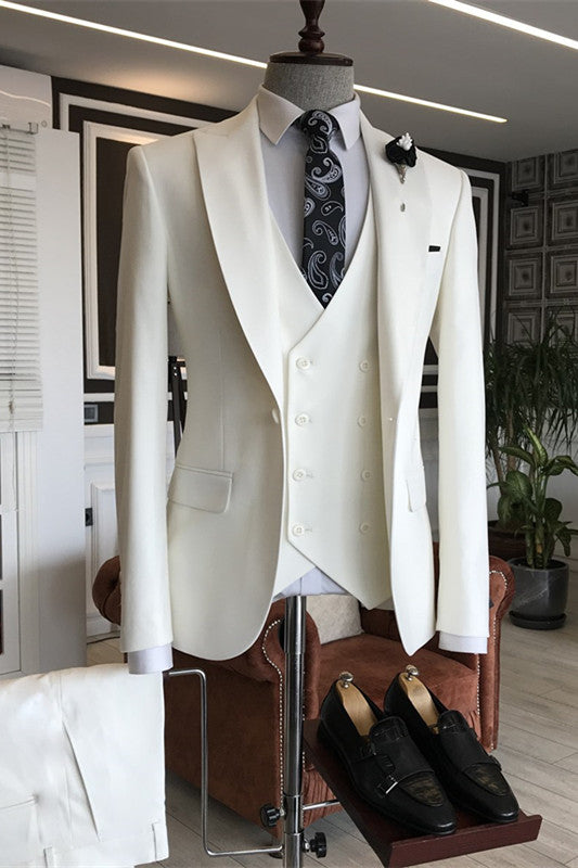 Edward Simple White Peaked Lapel Three Pieces Prom Suits