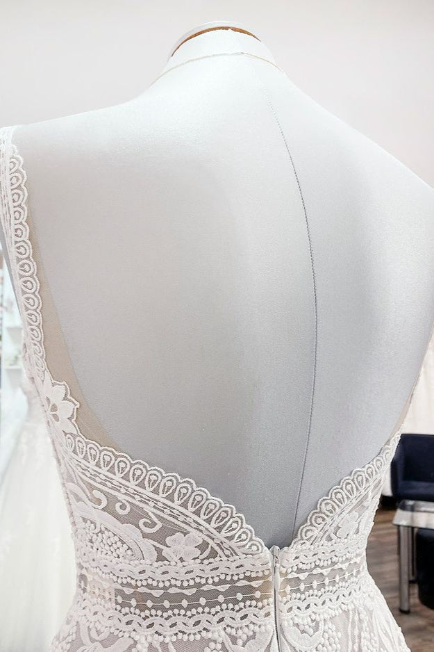 Charger l&amp;#39;image dans la galerie, Simply Long A-line Tulle Lace Open Back Wedding Dresses-BIZTUNNEL
