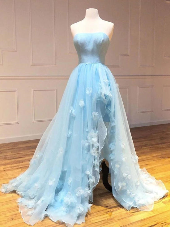 Sky Blue High Low A-line Strapless Tulle Lace Formal Prom Dresses with Slit-BIZTUNNEL