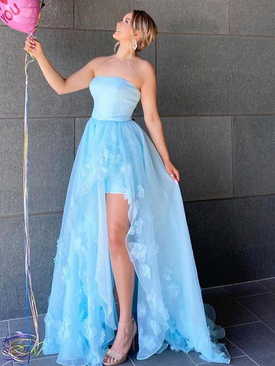 Charger l&amp;#39;image dans la galerie, Sky Blue High Low A-line Strapless Tulle Lace Formal Prom Dresses with Slit-BIZTUNNEL
