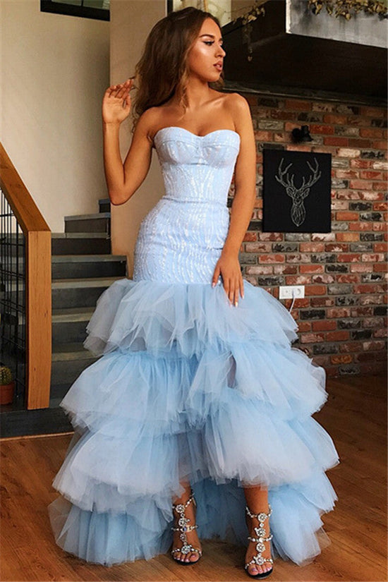 Sky Blue High Low Strapless Tulle Mermaid Prom Dress-BIZTUNNEL