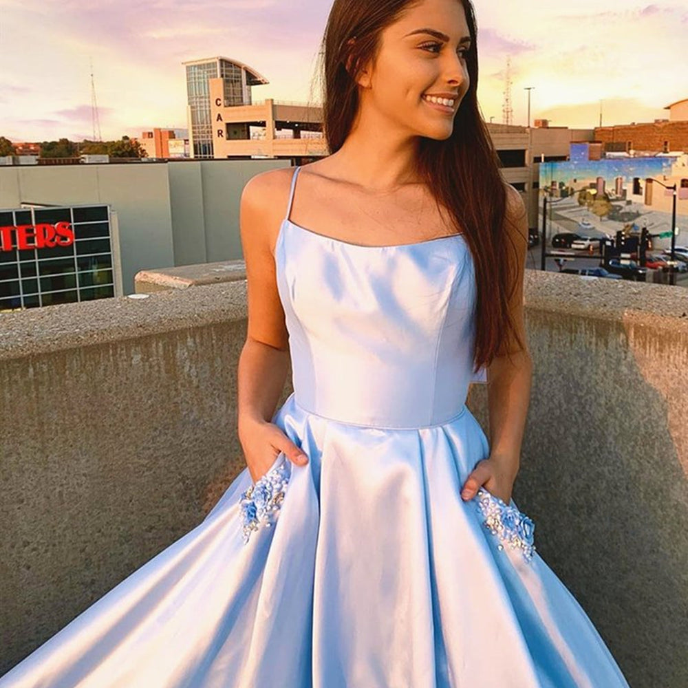 sky blue graduation dresses Off-shoulder A-line Slit Satin Dress Sleeveless Fabric Light Sky Blue Lace Sequin