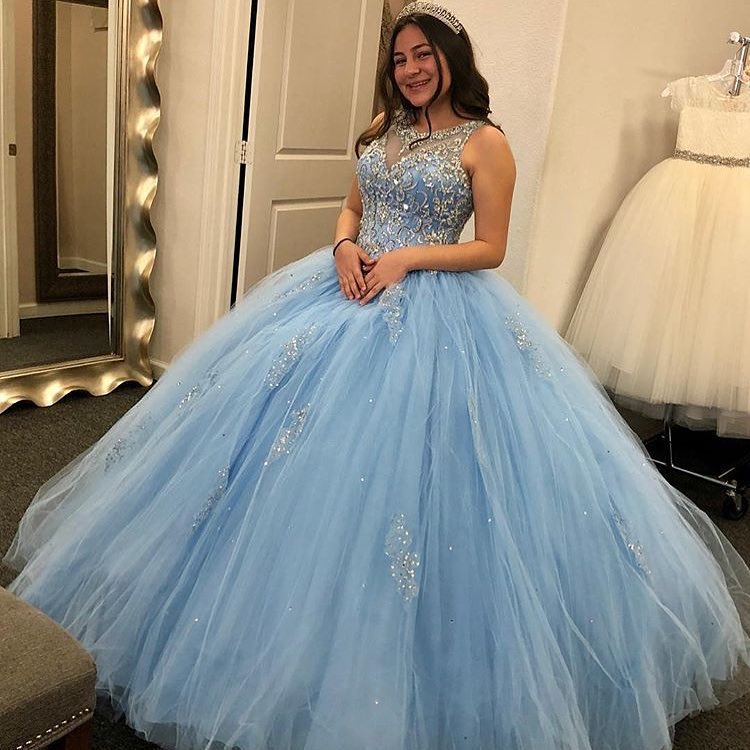 Load image into Gallery viewer, Sky Blue Long Ball Gown Jewel Tulle Quinceanera Dress-BIZTUNNEL
