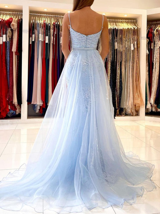 Sky Blue Long Mermaid Spaghetti Straps Tulle Lace Formal Prom Dresses-BIZTUNNEL