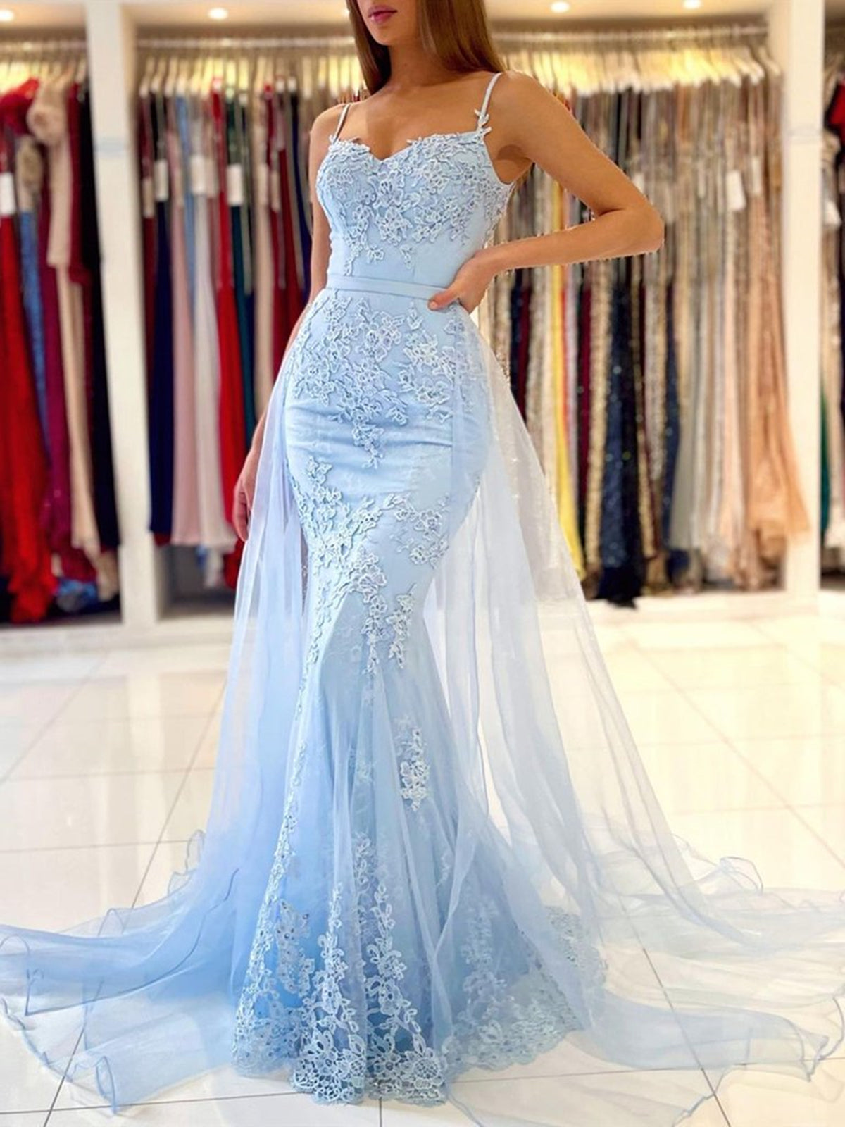 Blue Tulle Lace Mermaid Spaghetti Straps Prom Dress SP726