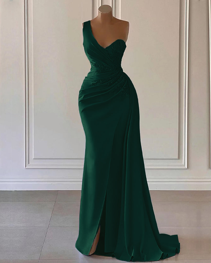 luxury split dresses One shoulder Long sleeves Ruffles High Split Pink Prom Dresses