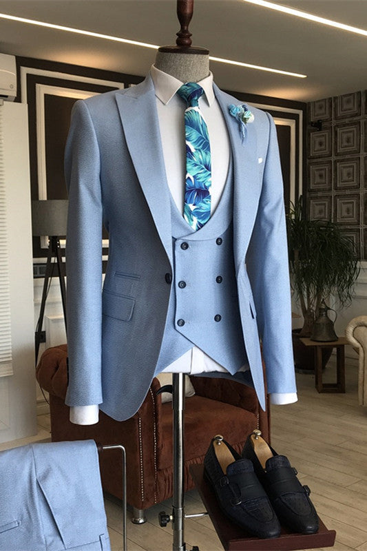 Cash Modern Sky Blue Peaked Lapel Three Pieces Men Suits For Prom