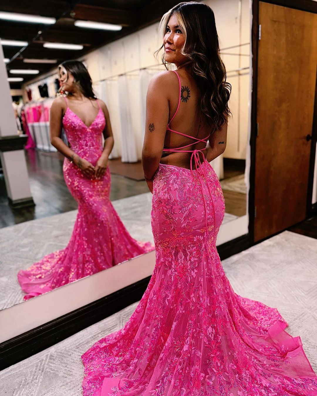 Sleeveless Pink Sequins Mermaid Long Prom Dress with Backless Spaghetti Straps Sleeveless Pink Sequins Mermaid Long Prom Dress with Backless Spaghetti Straps